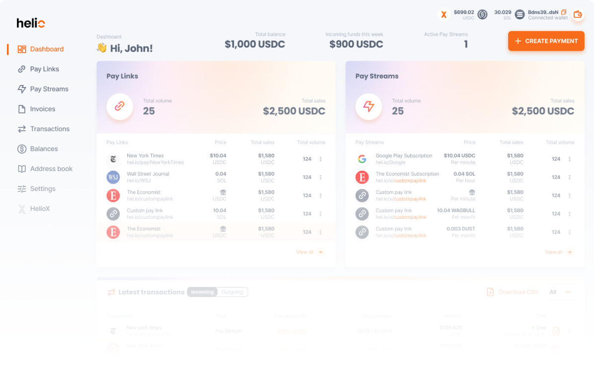 Helio merchant dashboard interface