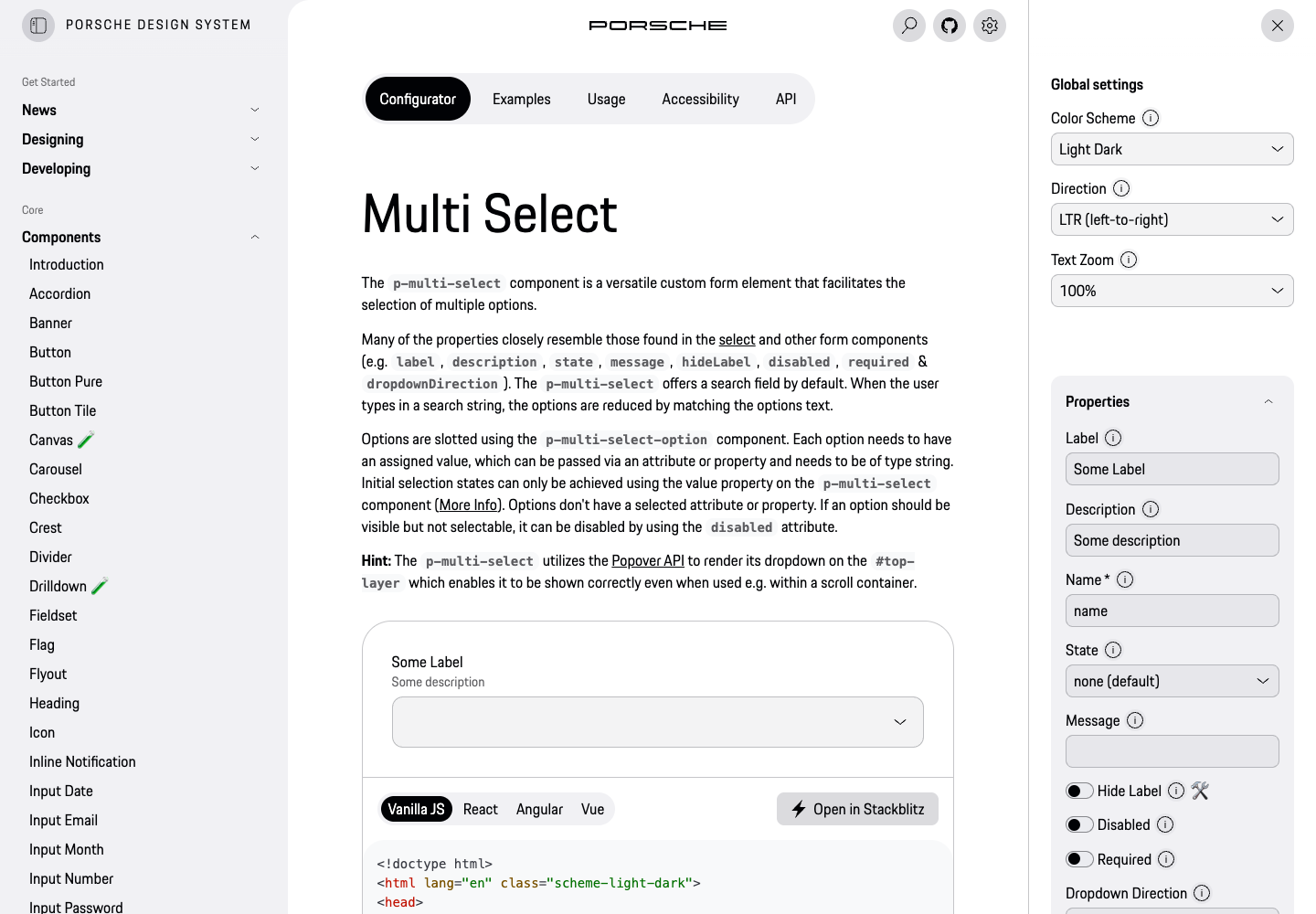 Porsche Design System v4 multi select configurator screenshot